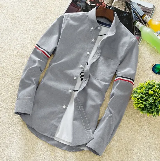 Men Fashion Oxford Fabric Striped Down Collar Blouse Long Sleeve Designer Shirts 