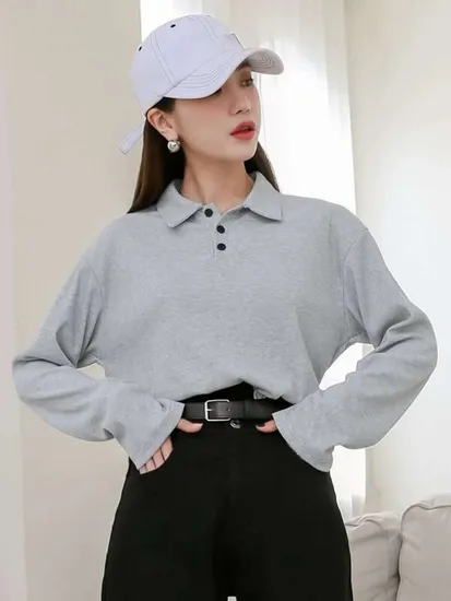 High Quality Suitable Moisture Absorption Women′ S Long Sleeve Polo Neck Drop Shoulder Tee Golf Polo Shirt 