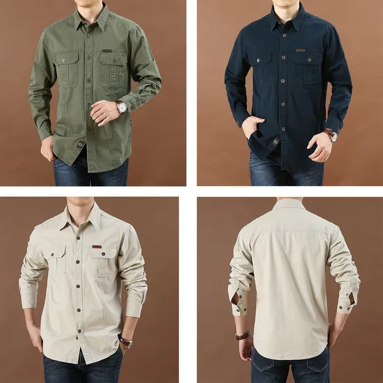 Customized Hot Selling Men′s Casual Loose Long Sleeve Shirt New Large Size Solid Color Youth Shirt Summer/Autumn Cargo Workwear Pocket Finishing Shirt 