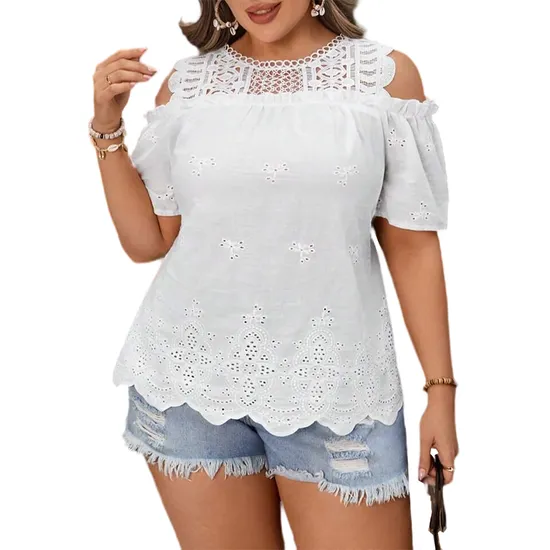 A6230 Lace Hollow Design Short Sleeved Women′s Shirt Blouse 